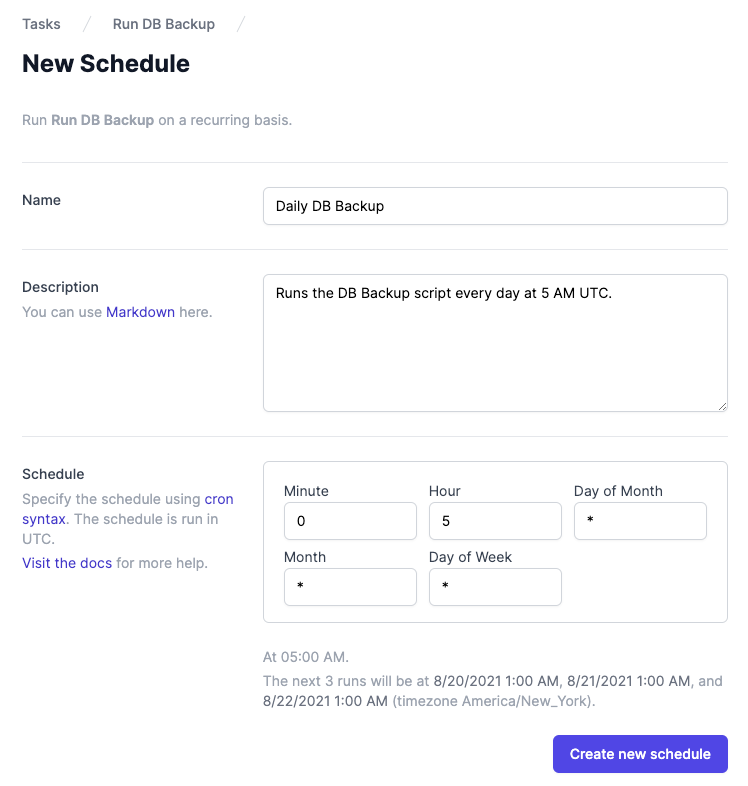 Interface for creating a new schedule using cron-like syntax