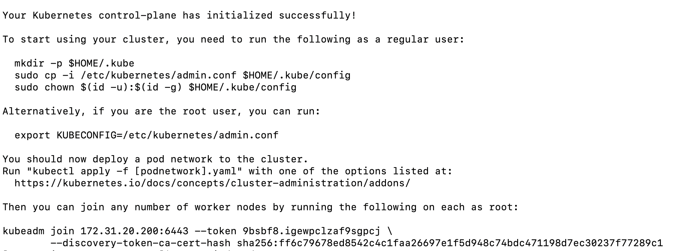 kubeadm output showing node joining instructions